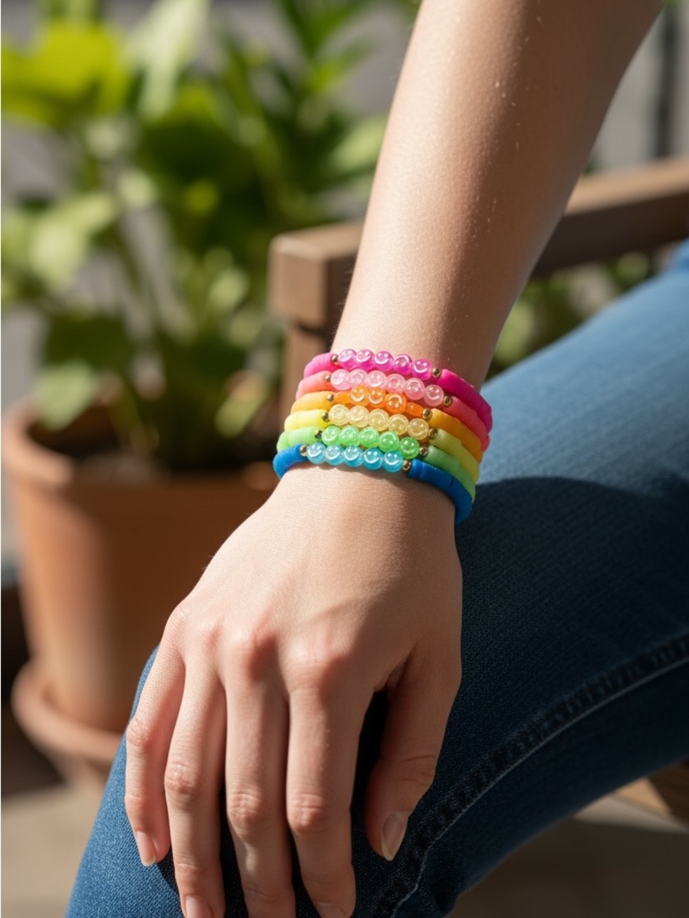 Colorful Rainbow Beaded Stretch Bracelet Stack - Women Jewelry